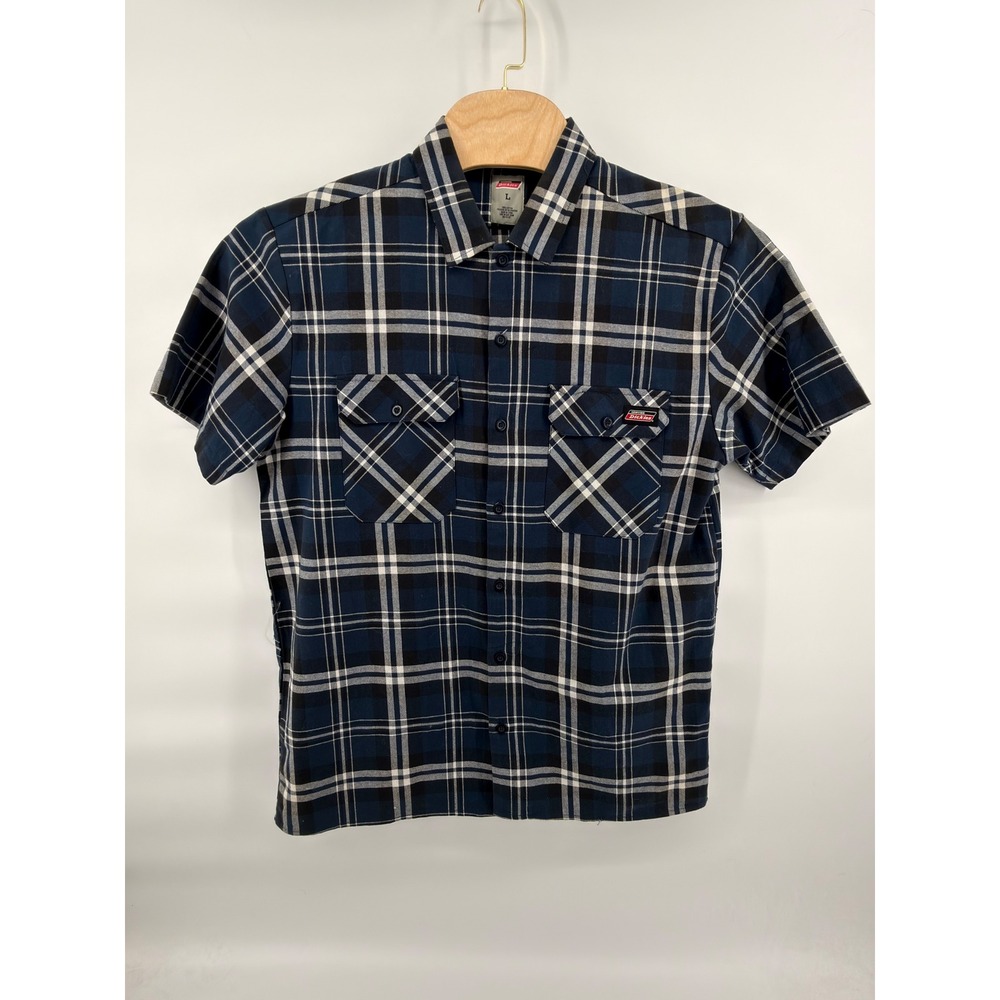 Genuine Dickies Men's Size L Plaid Short‎ Sleeve Work Shirt Blue Black Button Up